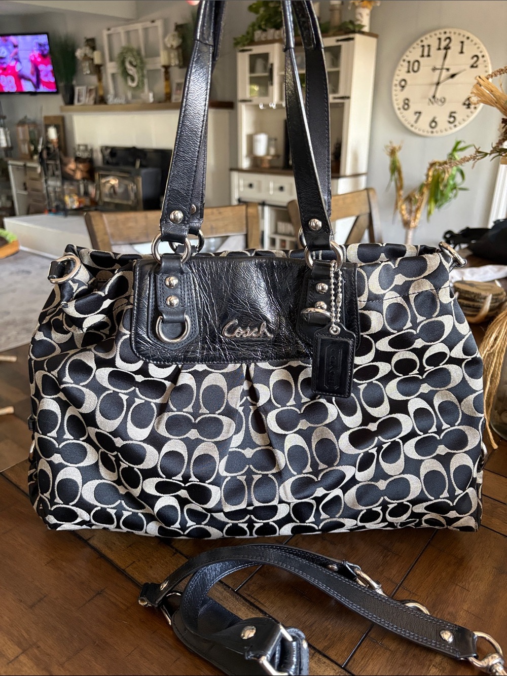 Coach Black and Cream Signature Canvas Shoulder Bag with Leather Trim